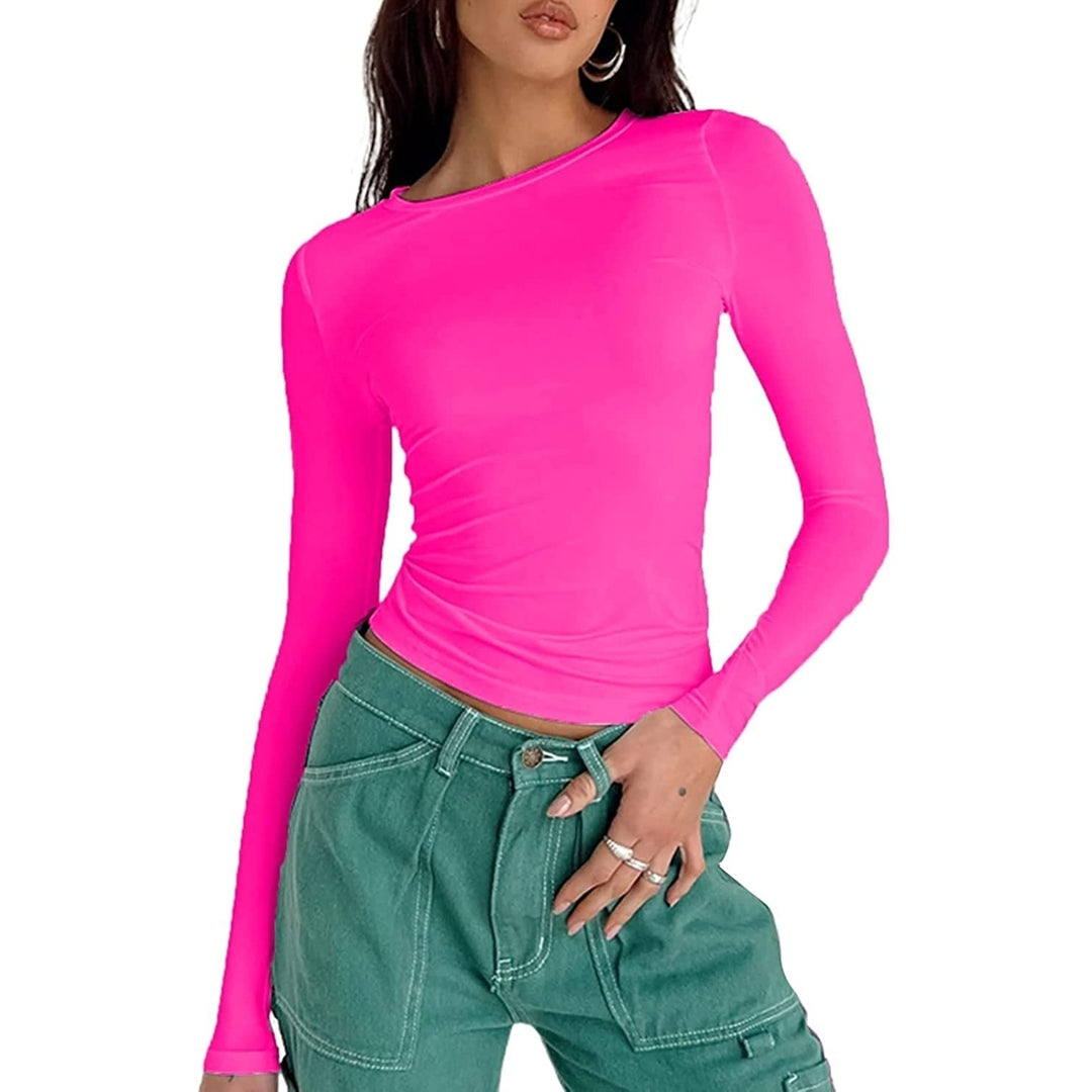 Womens Slim Fit Going Out Crop Tops Casual Solid Color Crew Neck Long Sleeve Tight Tee Shirt Basic Streetwear Image 11