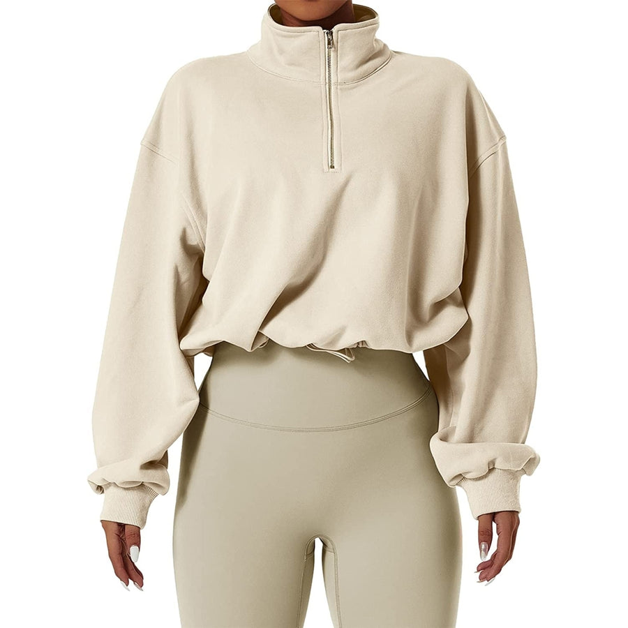 Womens Half Zip Crop Sweatshirt High Neck Long Sleeve Pullover Athletic Cropped Tops Image 1