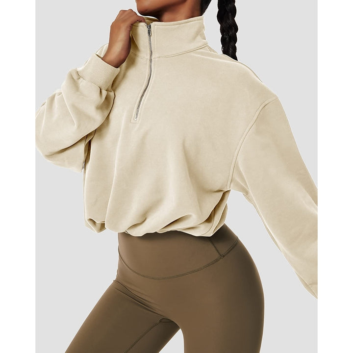 Womens Half Zip Crop Sweatshirt High Neck Long Sleeve Pullover Athletic Cropped Tops Image 4
