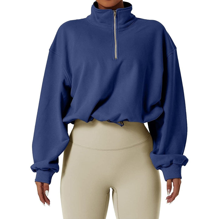 Womens Half Zip Crop Sweatshirt High Neck Long Sleeve Pullover Athletic Cropped Tops Image 1