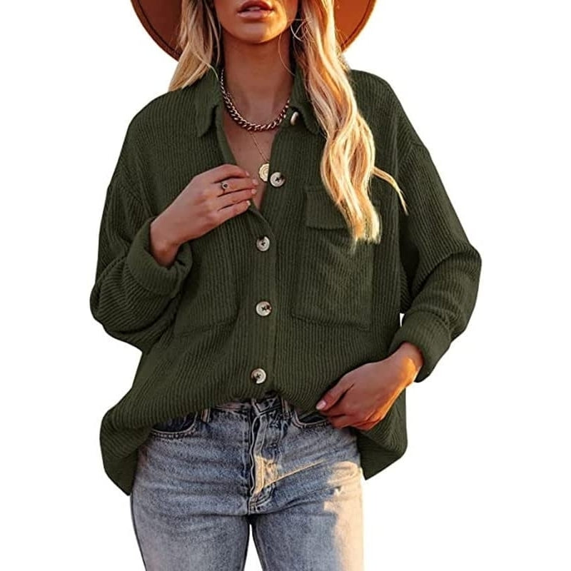 Women Corduroy Button Down Shirts Casual Shacket Jacket Long Sleeve Lapel Tunic Tops with Pocket Image 1