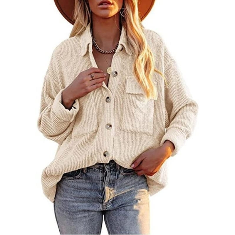 Women Corduroy Button Down Shirts Casual Shacket Jacket Long Sleeve Lapel Tunic Tops with Pocket Image 3