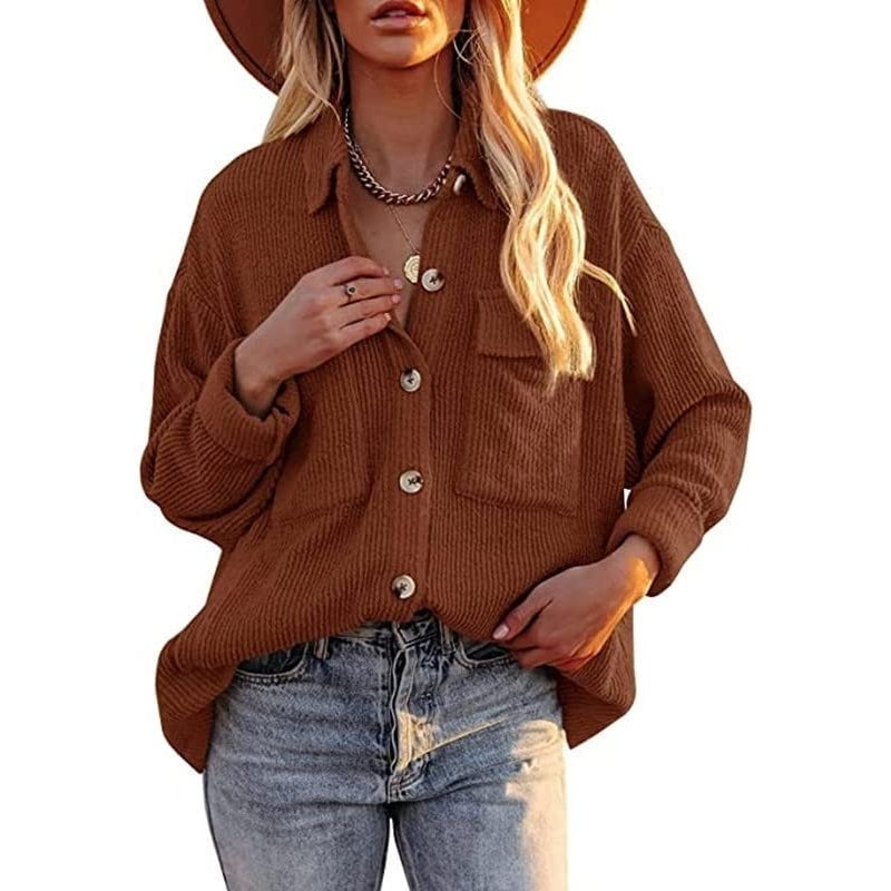 Women Corduroy Button Down Shirts Casual Shacket Jacket Long Sleeve Lapel Tunic Tops with Pocket Image 4