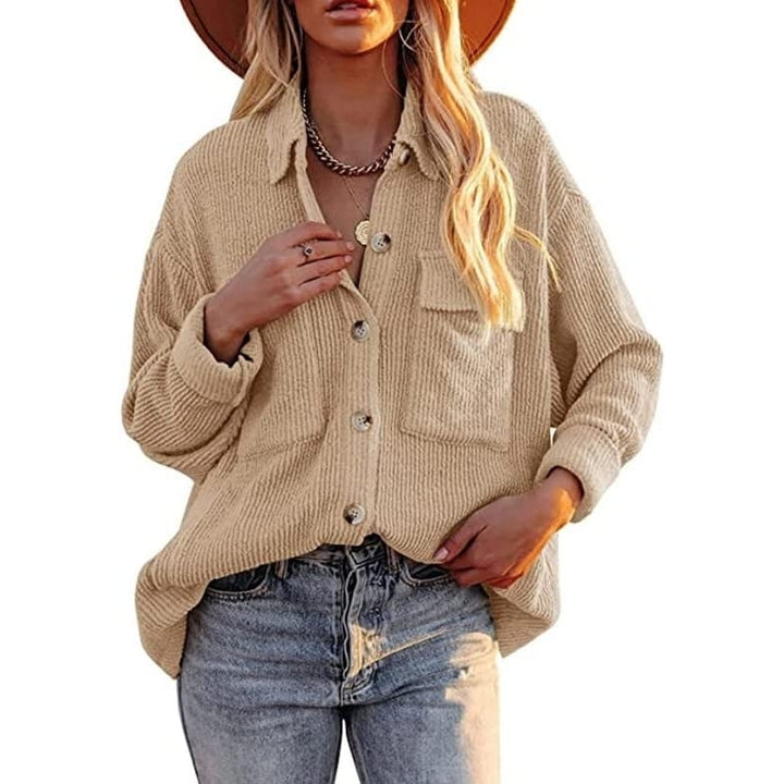 Women Corduroy Button Down Shirts Casual Shacket Jacket Long Sleeve Lapel Tunic Tops with Pocket Image 4