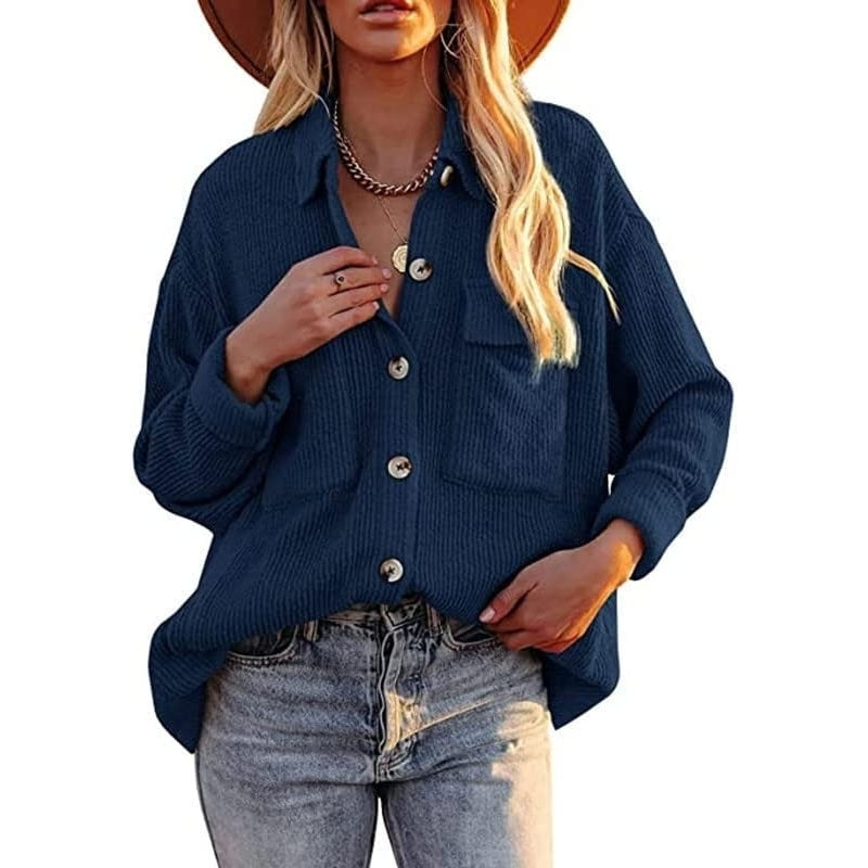 Women Corduroy Button Down Shirts Casual Shacket Jacket Long Sleeve Lapel Tunic Tops with Pocket Image 6