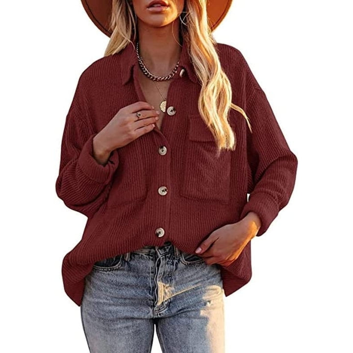 Women Corduroy Button Down Shirts Casual Shacket Jacket Long Sleeve Lapel Tunic Tops with Pocket Image 7