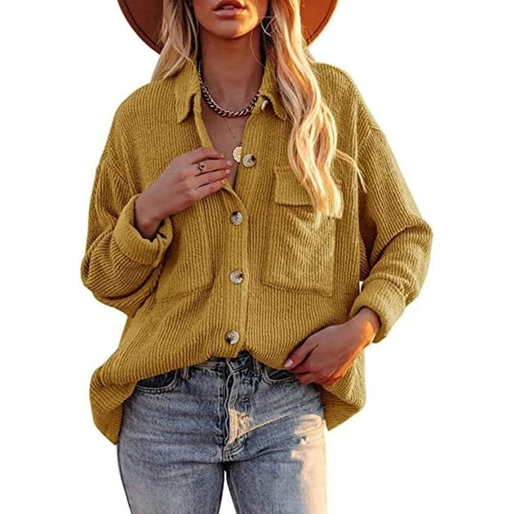 Women Corduroy Button Down Shirts Casual Shacket Jacket Long Sleeve Lapel Tunic Tops with Pocket Image 8