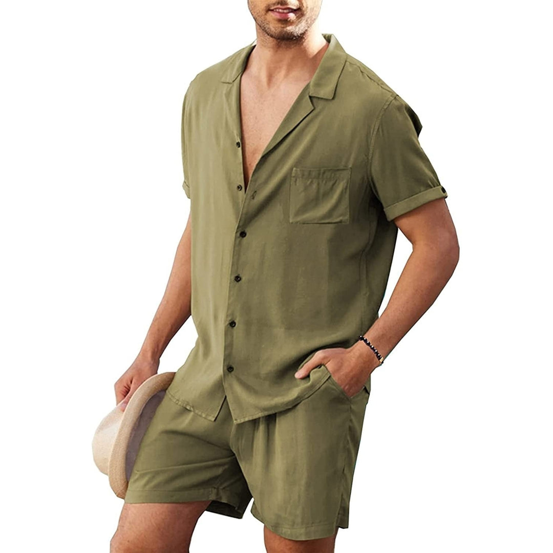 Linen Shirt Short Outfits:Mens Beach 2 Pieces Casual Button-Down Sets Image 1