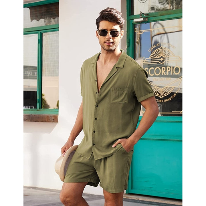 Linen Shirt Short Outfits:Mens Beach 2 Pieces Casual Button-Down Sets Image 2