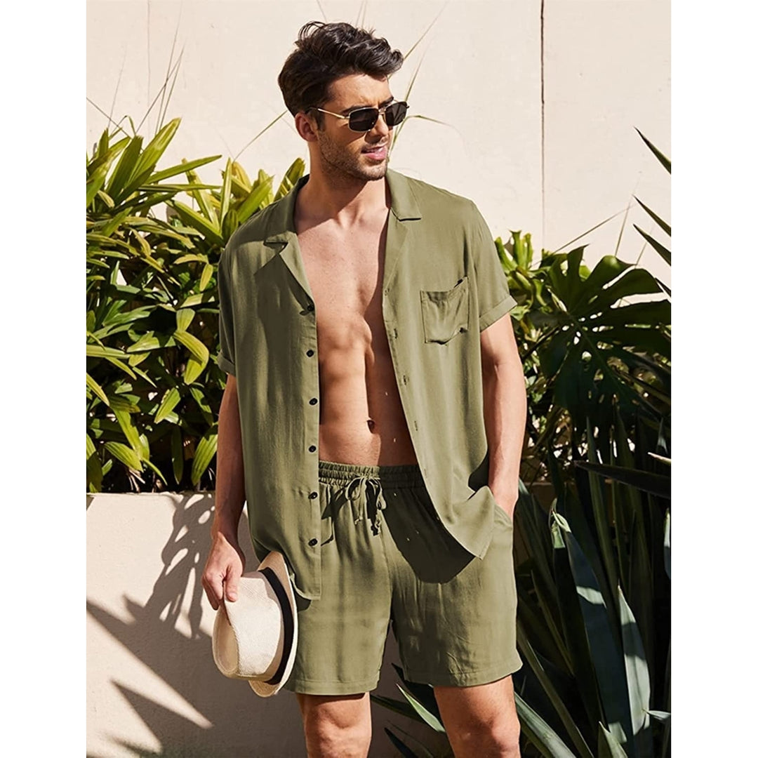 Linen Shirt Short Outfits:Mens Beach 2 Pieces Casual Button-Down Sets Image 3