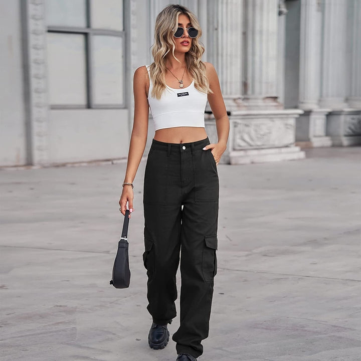 High Waist Stretch Cargo Pants Women BaggyMultiple Pockets Relaxed Fit Straight Wide Leg Y2K Pant Image 4