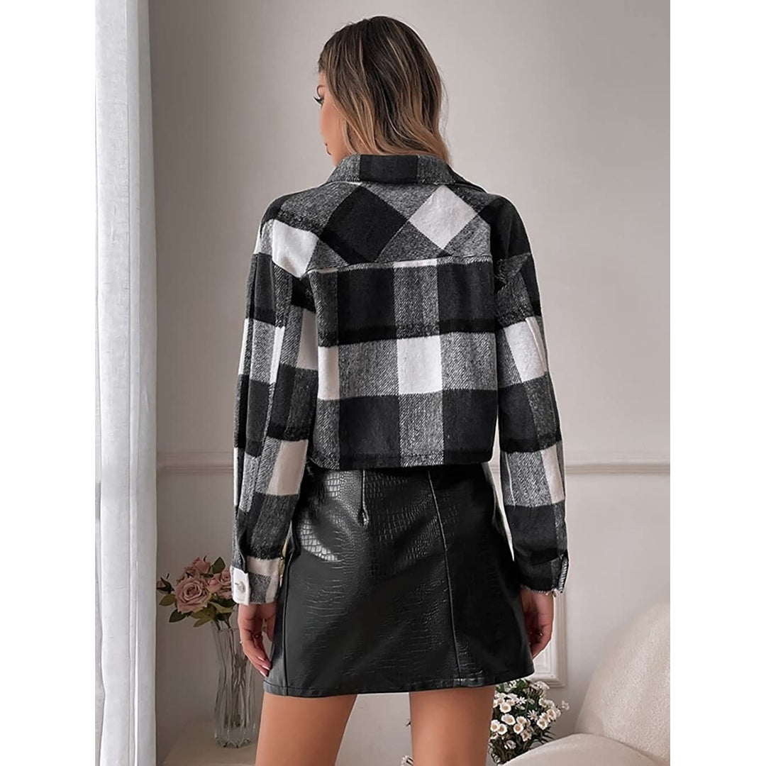 Womens Cropped Flannel Shirt Jacket Wool Blend Plaid Long Sleeve Shacket Button Down Jacket Coat Image 4