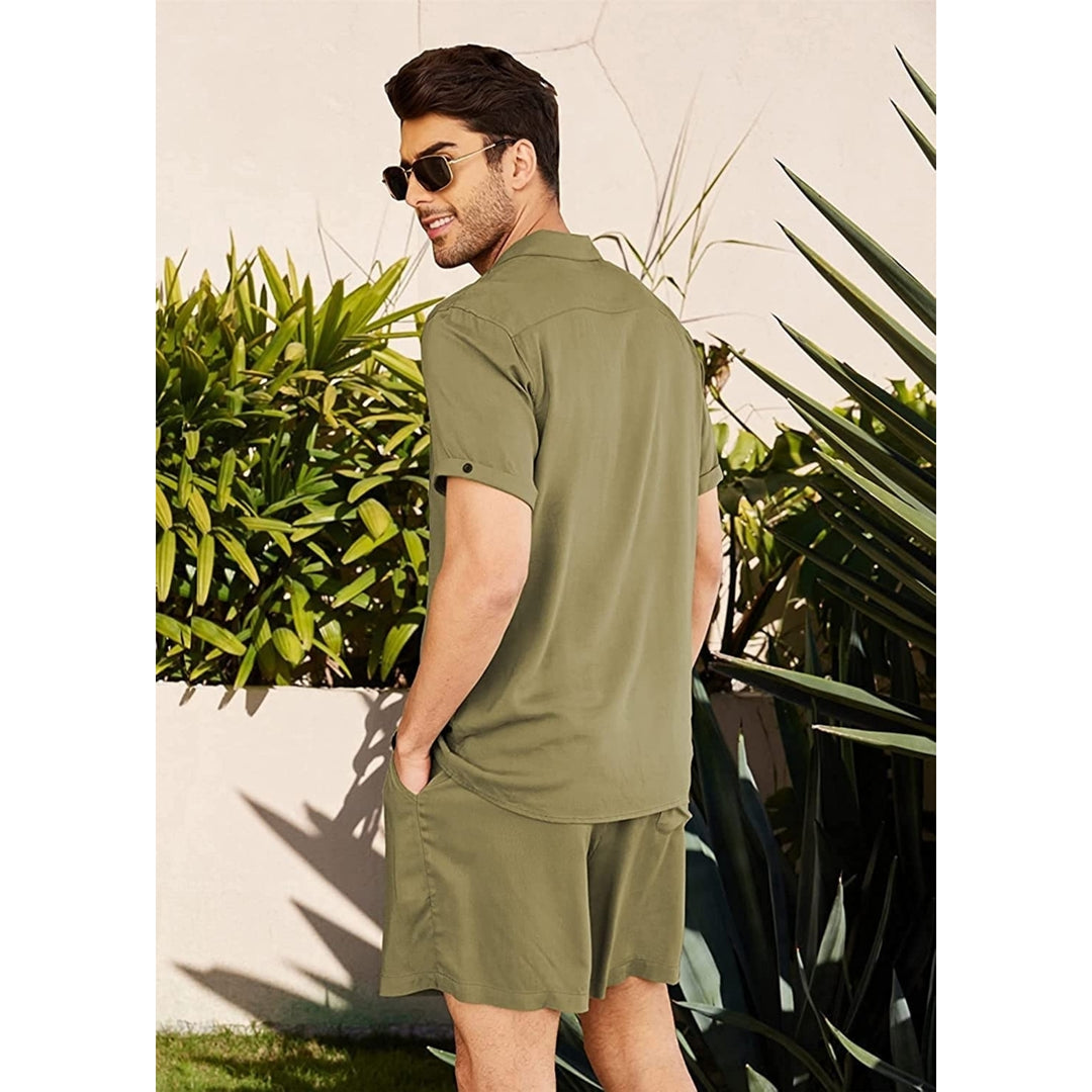 Linen Shirt Short Outfits:Mens Beach 2 Pieces Casual Button-Down Sets Image 4