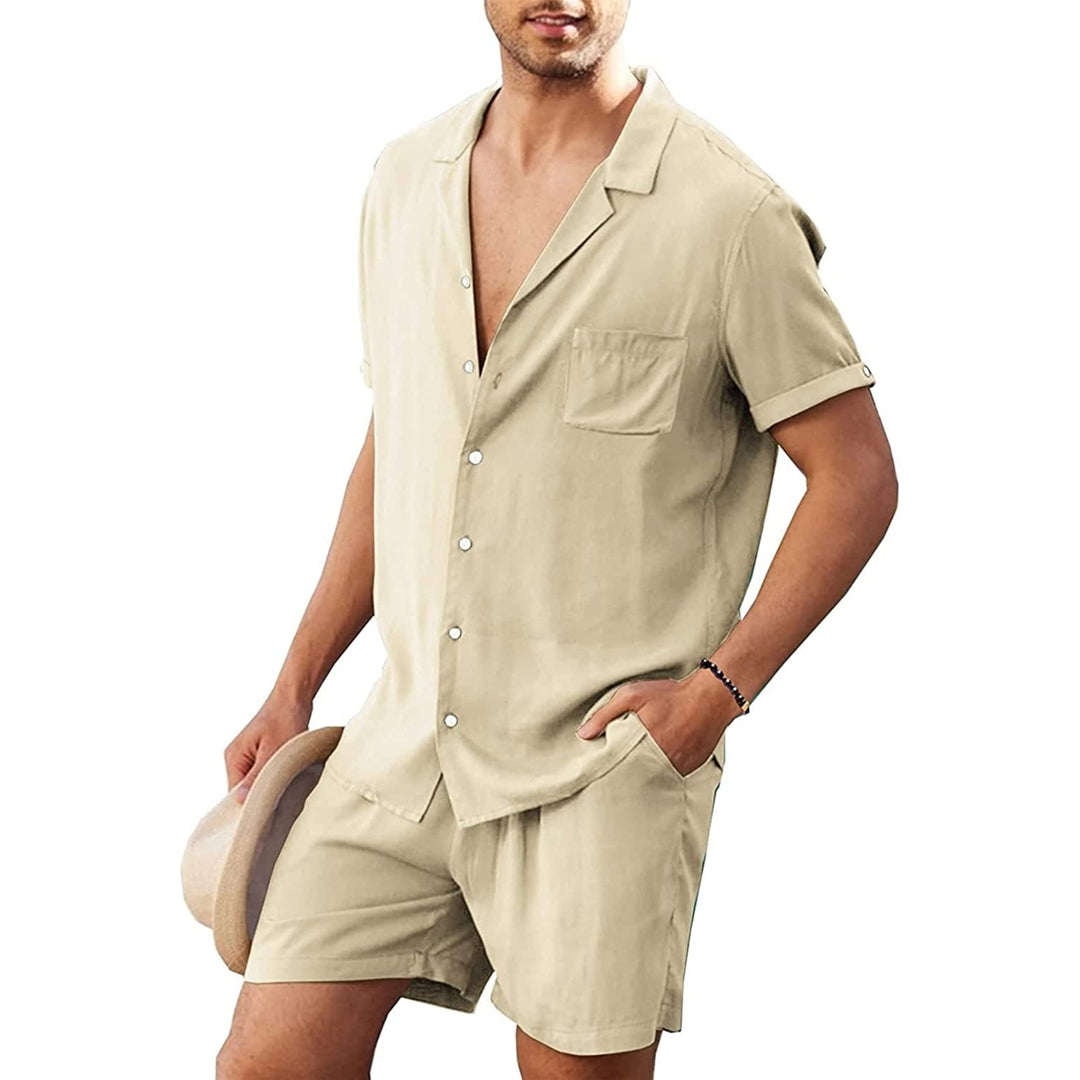 Linen Shirt Short Outfits:Mens Beach 2 Pieces Casual Button-Down Sets Image 4