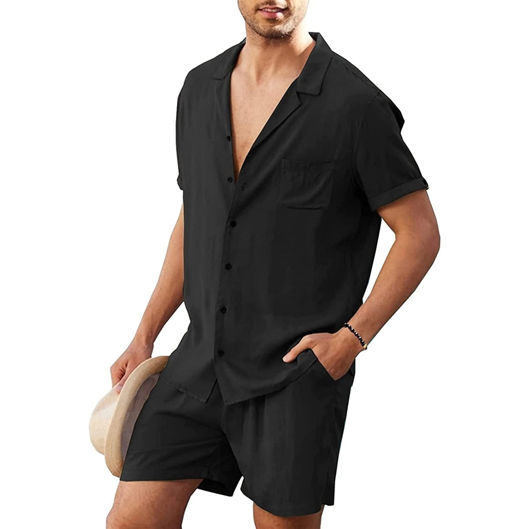 Linen Shirt Short Outfits:Mens Beach 2 Pieces Casual Button-Down Sets Image 1