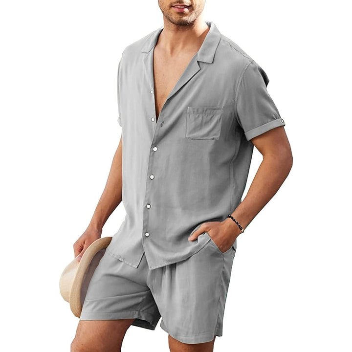 Linen Shirt Short Outfits:Mens Beach 2 Pieces Casual Button-Down Sets Image 7