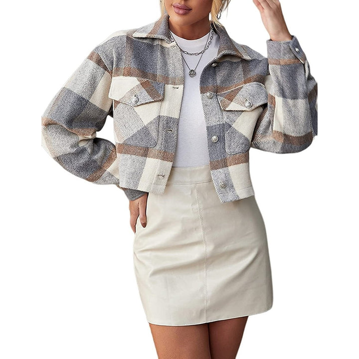 Womens Cropped Flannel Shirt Jacket Wool Blend Plaid Long Sleeve Shacket Button Down Jacket Coat Image 1