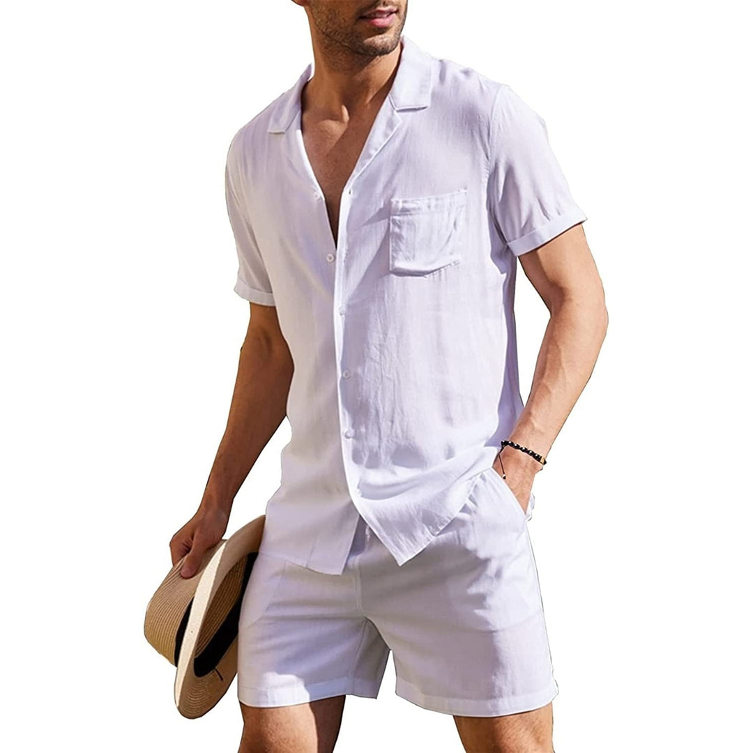 Linen Shirt Short Outfits:Mens Beach 2 Pieces Casual Button-Down Sets Image 8