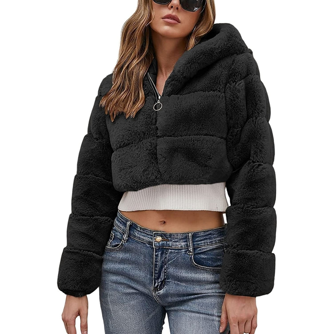 Womens Faux faux Coat Jacket Fluffy Hooded Cardigan Shaggy Long Sleeve Short Coat Outwear Image 1