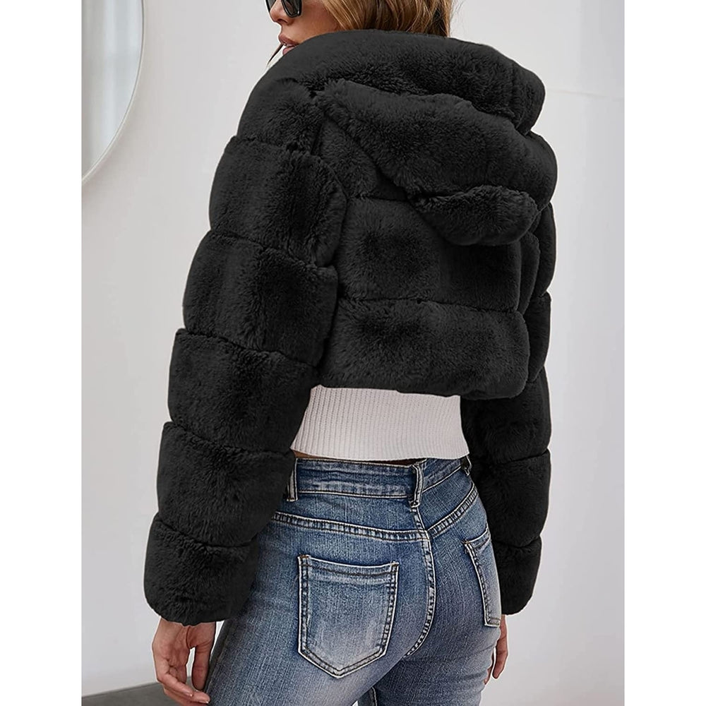 Womens Faux faux Coat Jacket Fluffy Hooded Cardigan Shaggy Long Sleeve Short Coat Outwear Image 2