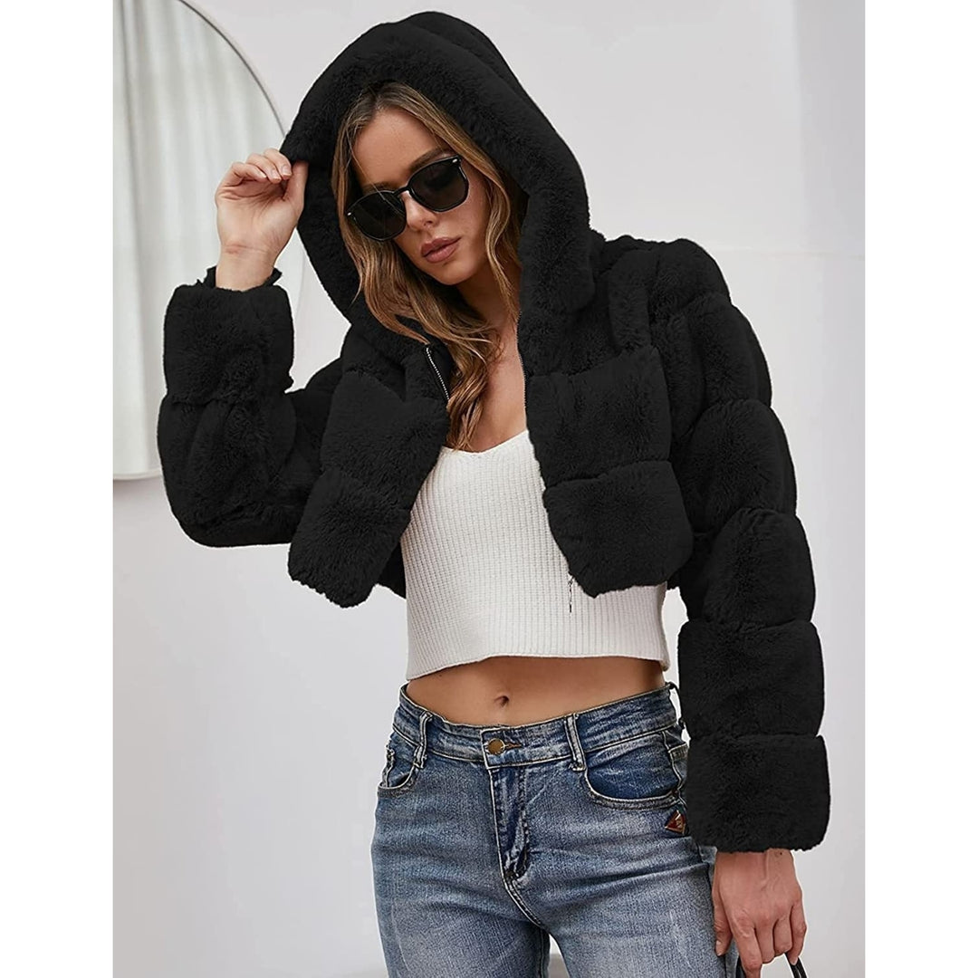 Womens Faux faux Coat Jacket Fluffy Hooded Cardigan Shaggy Long Sleeve Short Coat Outwear Image 3