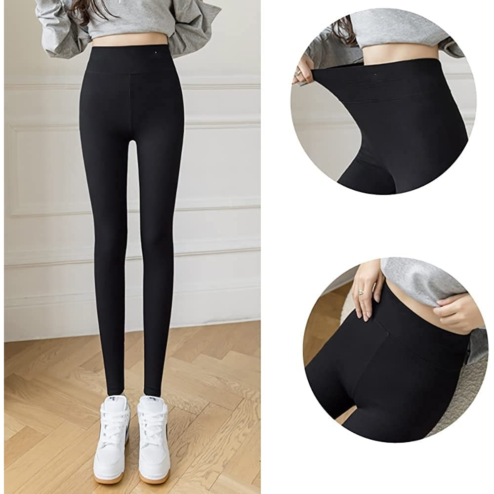 Casual Warm Winter Solid PantsSoft Clouds Fleece Leggings for Women WinterThermal Slim Lined Tights (MBlack) Image 4