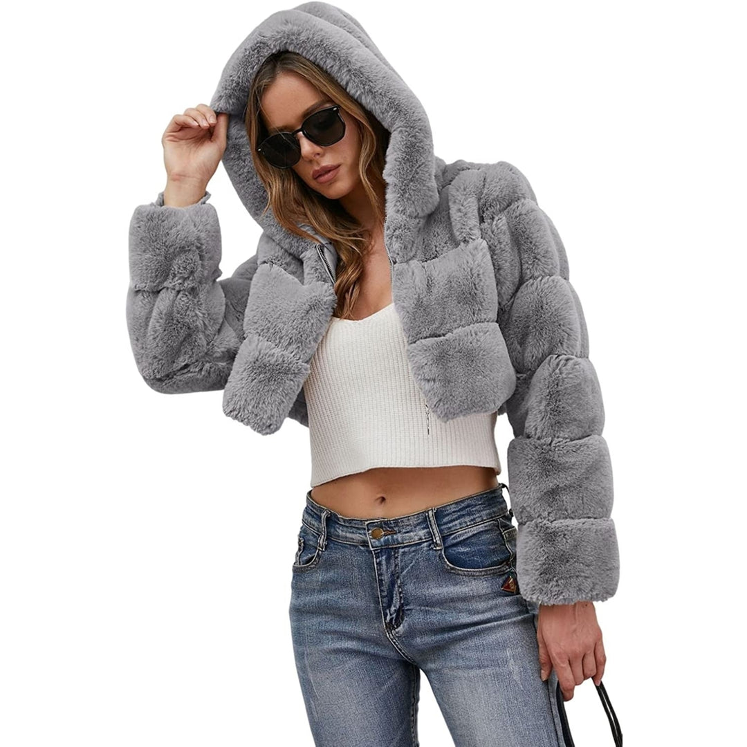 Womens Faux faux Coat Jacket Fluffy Hooded Cardigan Shaggy Long Sleeve Short Coat Outwear Image 6