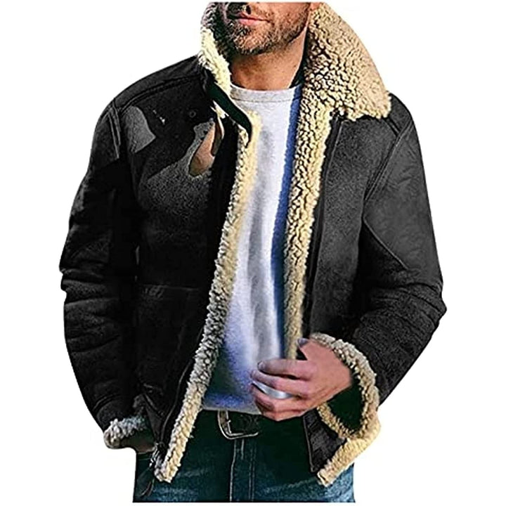 Flannel Jacket for Men Mens Winter Warm Fleece Lapel Jacket Motorcycle faux Leather Vintage Full Zip Wool Warm Thick Image 1