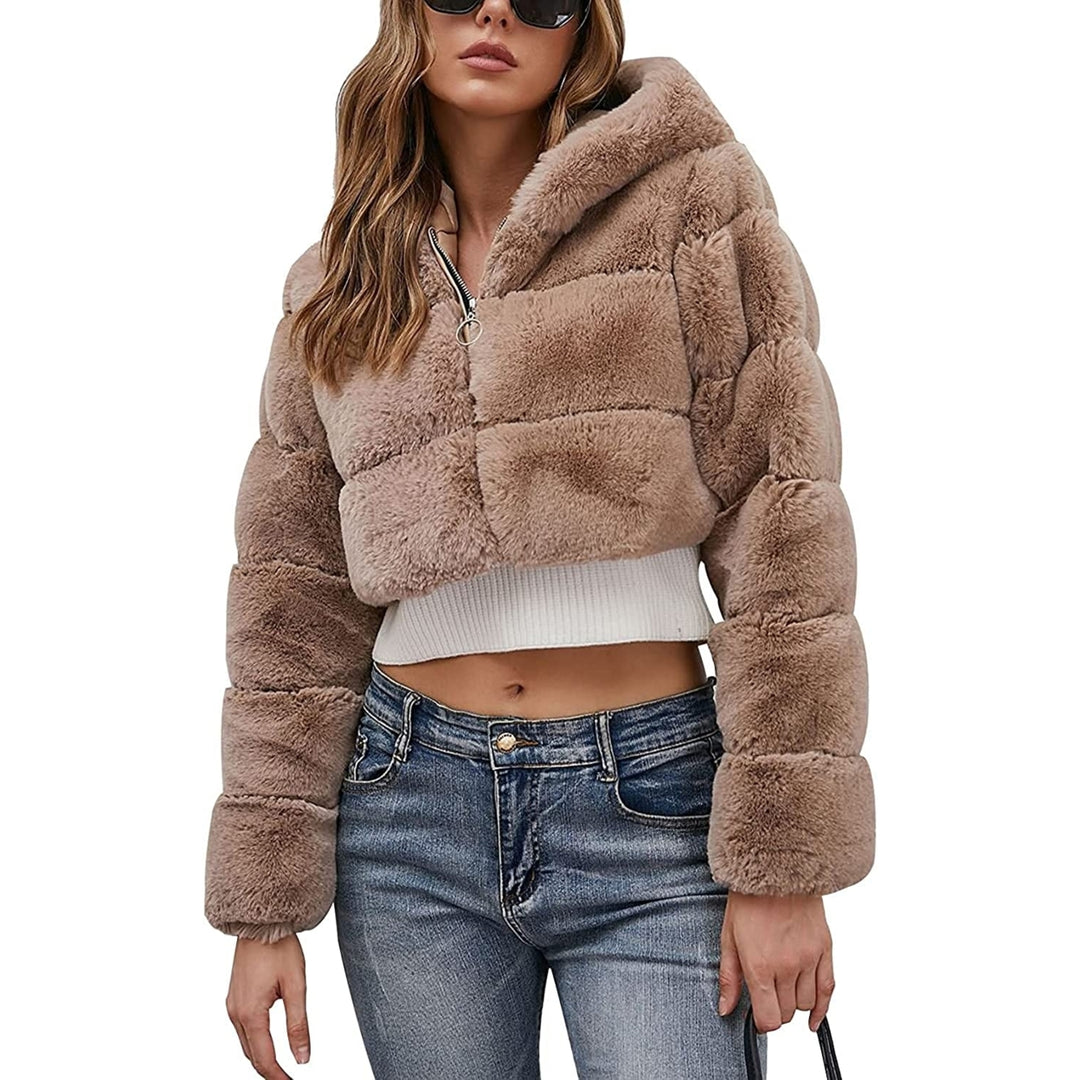 Womens Faux faux Coat Jacket Fluffy Hooded Cardigan Shaggy Long Sleeve Short Coat Outwear Image 7