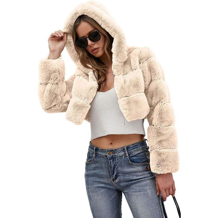 Womens Faux faux Coat Jacket Fluffy Hooded Cardigan Shaggy Long Sleeve Short Coat Outwear Image 8