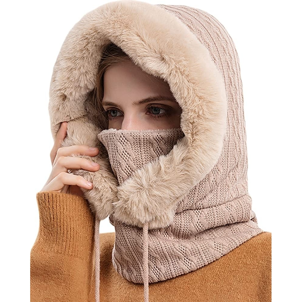 Winter Hats for Women - One Piece Faux faux Hat Scarf Warm Hooded Scarf for Cold Weather Image 1