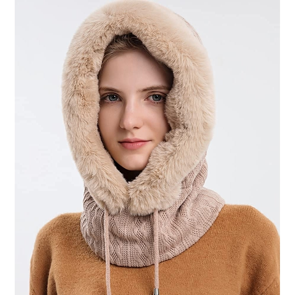 Winter Hats for Women - One Piece Faux faux Hat Scarf Warm Hooded Scarf for Cold Weather Image 3