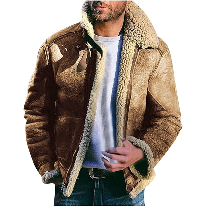 Flannel Jacket for Men Mens Winter Warm Fleece Lapel Jacket Motorcycle faux Leather Vintage Full Zip Wool Warm Thick Image 4