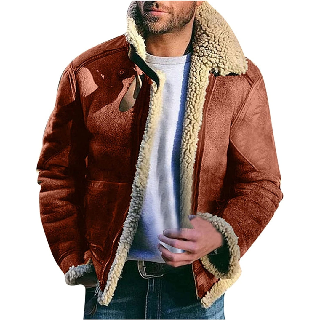 Flannel Jacket for Men Mens Winter Warm Fleece Lapel Jacket Motorcycle faux Leather Vintage Full Zip Wool Warm Thick Image 4