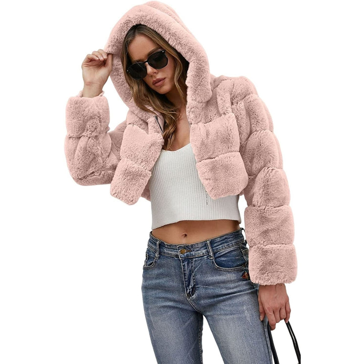 Womens Faux faux Coat Jacket Fluffy Hooded Cardigan Shaggy Long Sleeve Short Coat Outwear Image 9