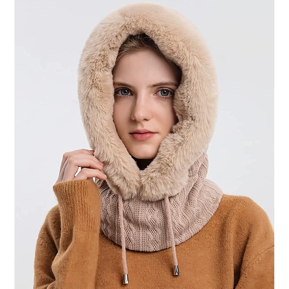 Winter Hats for Women - One Piece Faux faux Hat Scarf Warm Hooded Scarf for Cold Weather Image 4