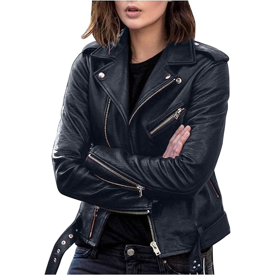 Women Plus Size Fashion Faux Leather Jacket Long Sleeve Zipper Fitted Womens Faux Leather Jacket with Hoodie Image 1