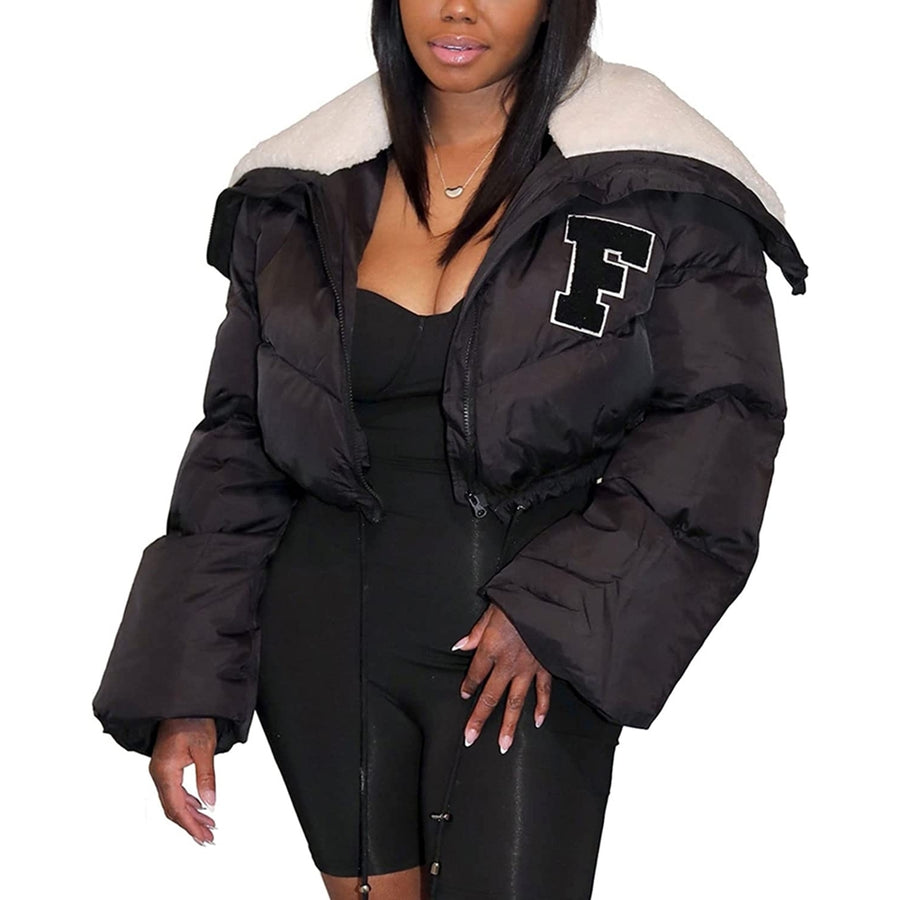 Womens Winter Cropped Puffer Jacket Long Sleeve Sherpa Lined Collar Zip Quilted Puffy Down Coats Image 1