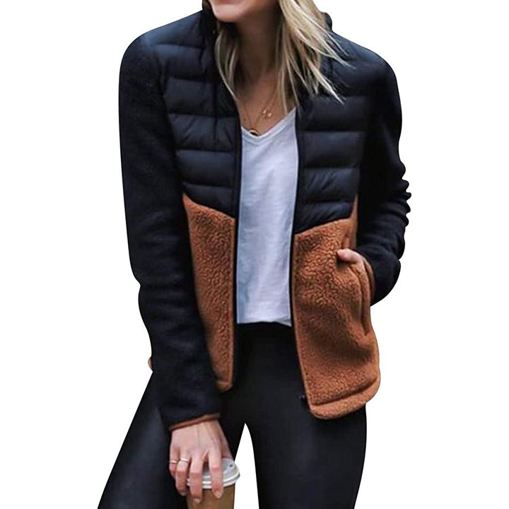 Womens Long-Sleeve Zipper Front Patchwork Down Jacket Slim Fit Contrast Color Coat Fall Winter Sherpa Fleece Jacket Image 1