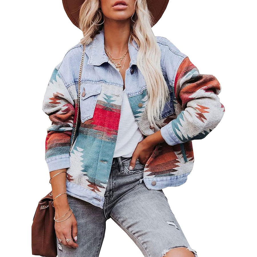 Womens Aztec Denim Jacket Lapel Button Down Print Coat Long Sleeve Vintage Denim Shacket Image 1