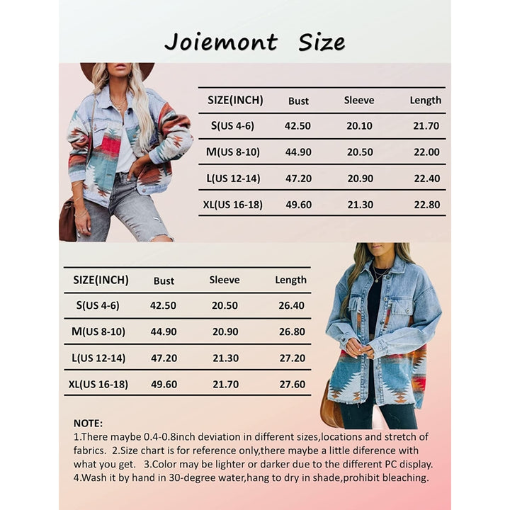 Womens Aztec Denim Jacket Lapel Button Down Print Coat Long Sleeve Vintage Denim Shacket Image 4