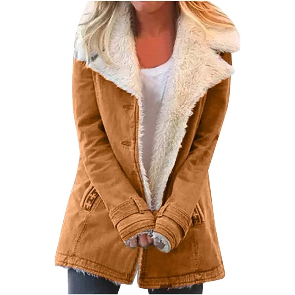 2022 Winter Warm Coats for Women Thicken Fuzzy Fleece Jacket Composite Plush Button Lapel Hooded Flannel Sherpa Cardigan Image 9