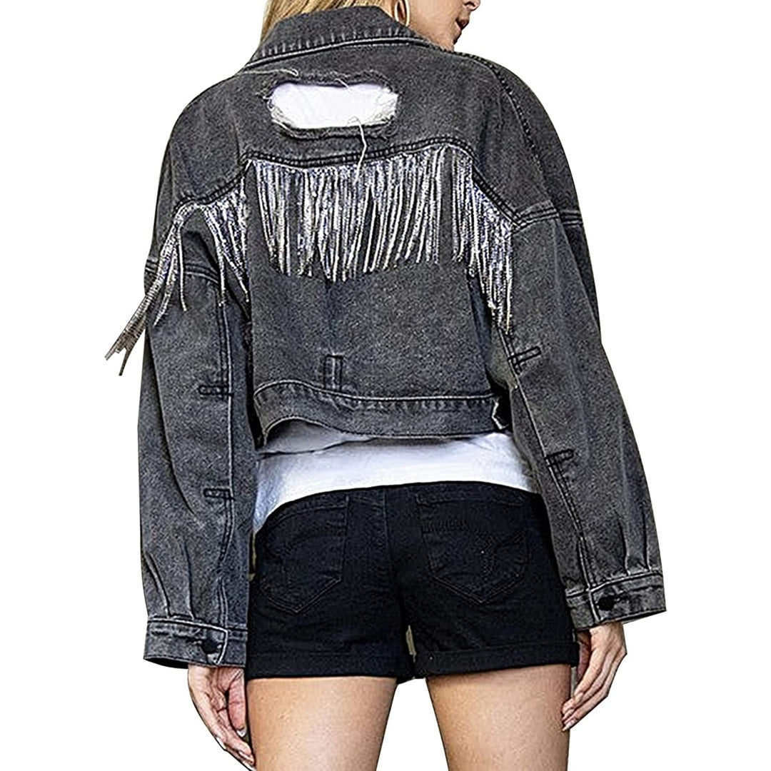 Womens Denim Jacket with Fringe Rhinestones Long Sleeve Distressed Ripped Denim Jackets with Pockets Image 1