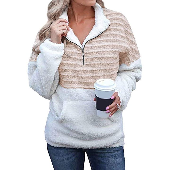 Womens Long Sleeve Zip Sweatshirt Warm Fuzzy Hoodies Cozy Loose 1/4 Zipper Fleece Pullover Outwear Coat with Pockets Image 1