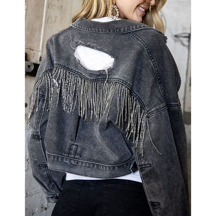 Womens Denim Jacket with Fringe Rhinestones Long Sleeve Distressed Ripped Denim Jackets with Pockets Image 4