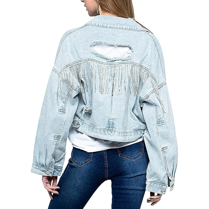 Womens Denim Jacket with Fringe Rhinestones Long Sleeve Distressed Ripped Denim Jackets with Pockets Image 6