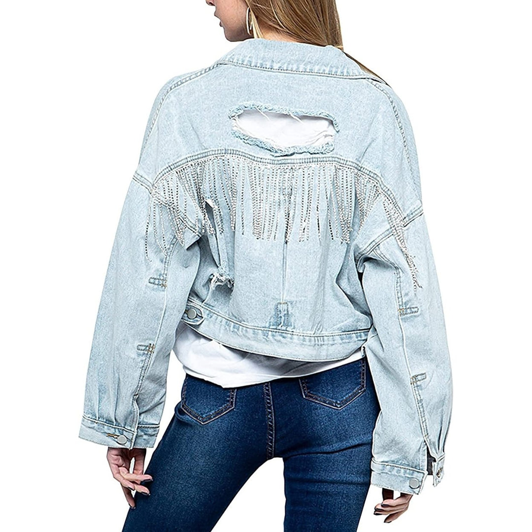 Womens Denim Jacket with Fringe Rhinestones Long Sleeve Distressed Ripped Denim Jackets with Pockets Image 1