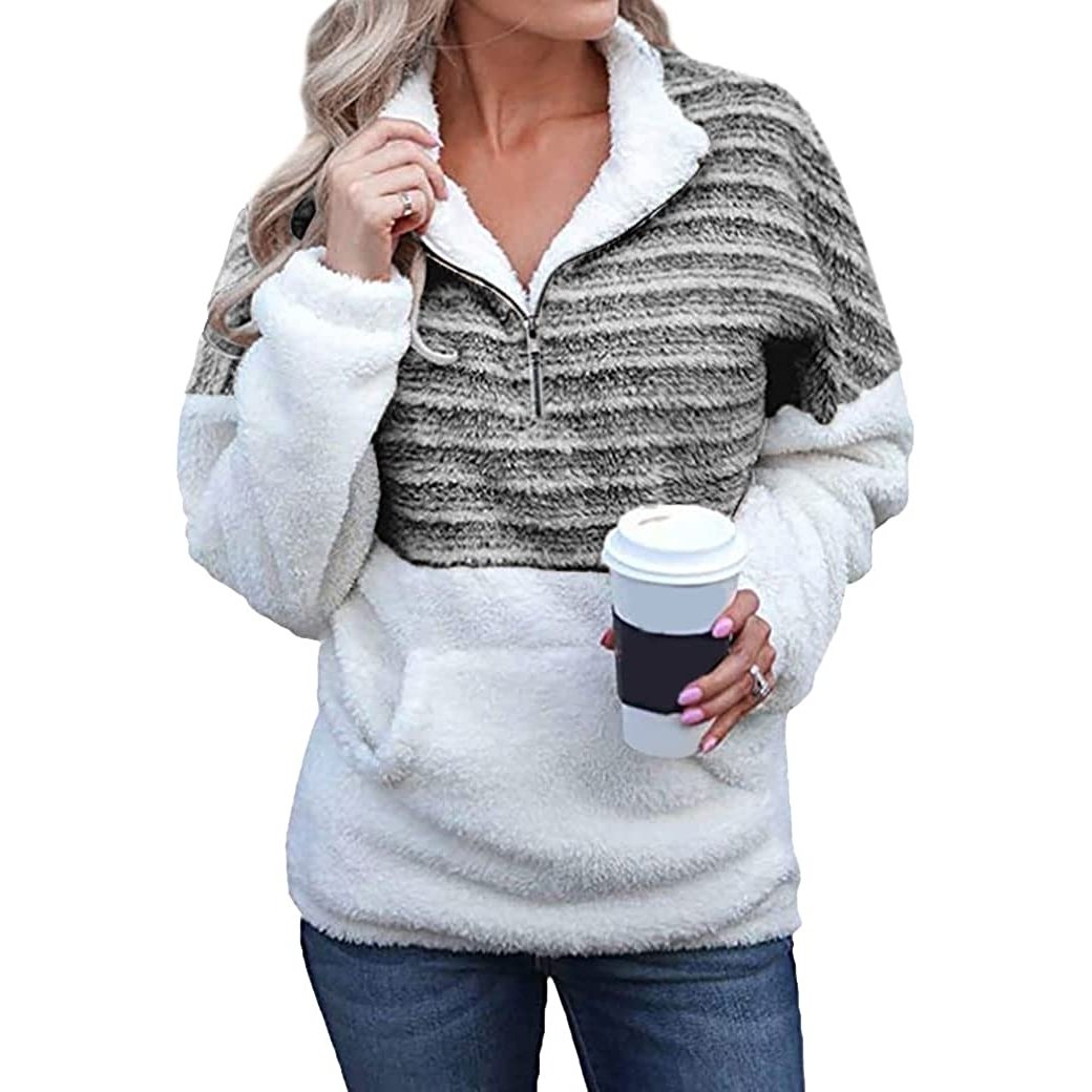 Womens Long Sleeve Zip Sweatshirt Warm Fuzzy Hoodies Cozy Loose 1/4 Zipper Fleece Pullover Outwear Coat with Pockets Image 6