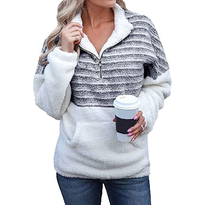 Womens Long Sleeve Zip Sweatshirt Warm Fuzzy Hoodies Cozy Loose 1/4 Zipper Fleece Pullover Outwear Coat with Pockets Image 7