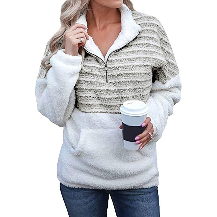 Womens Long Sleeve Zip Sweatshirt Warm Fuzzy Hoodies Cozy Loose 1/4 Zipper Fleece Pullover Outwear Coat with Pockets Image 8